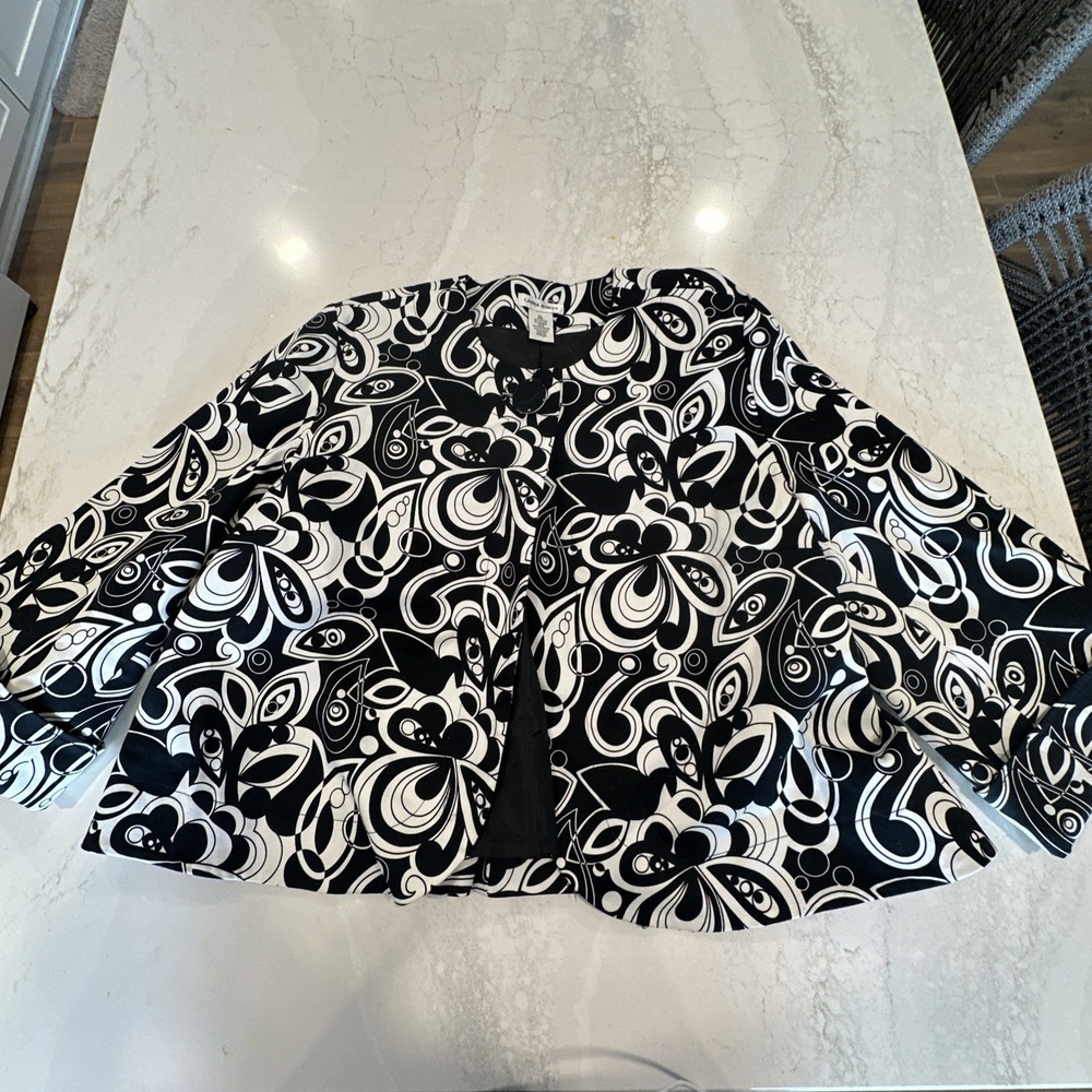 Laura Ashley 90s Swing Jacket XL Black White  3/4 Sleeve Wide 1 Button
